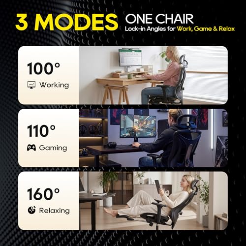 CYKOV Ergonomic Office Chair with Footrest - Adjustable Lumbar Support & Headrest, 90-160° Reclining Mesh Back Computer Chair - Home Office/Gaming, 150kg Capacity (Black, MESH)