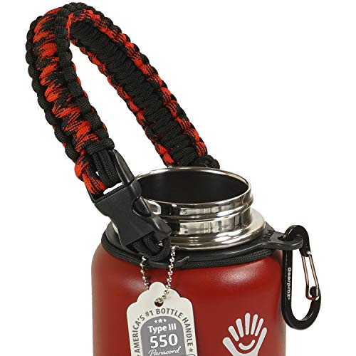 Gearproz Handle for Hydro Flask, Nalgene, Takeya - America's No. 1 Paracord Water Bottle Carrier with Safety Ring - Fits Wide Mouth 12 oz to 64 oz Flasks (Red & Black)