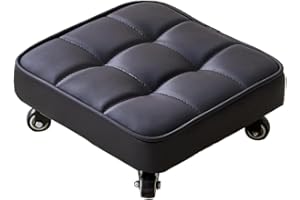 Low Rolling Stool, Small Square Low Stool with Wheels, 360° Swivel PU Leather Rolling Short Chair Seat, Sturdy Movable Swivel
