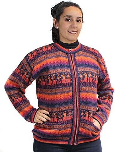 CARDIGAN CREW NECK with ZIP JACKARD multicolors made in PERU Large navy blue orange