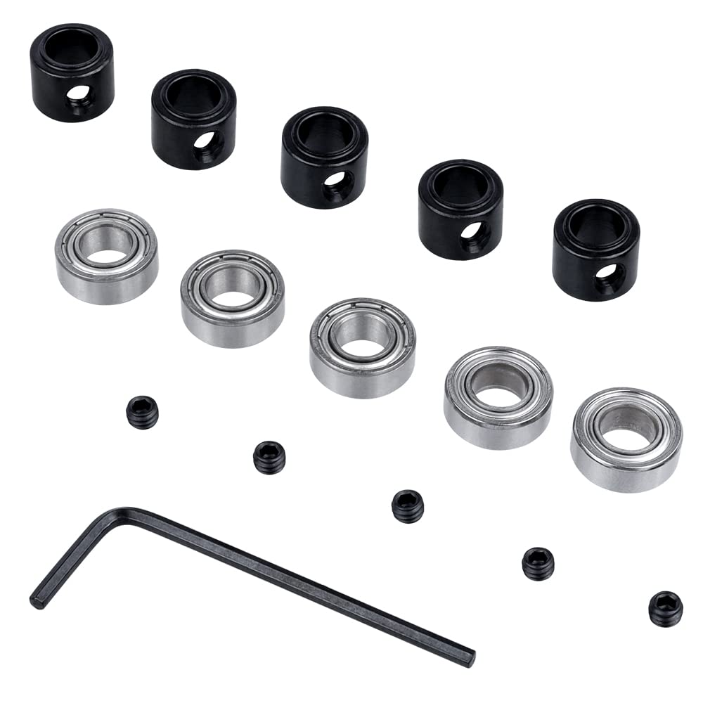 Mesee 5 Set Router Bit Bearings with Fixed Collars Kit, Bottom Mounted Ball Bearing Guide Replacement Fit 1/4'' Shank Router Bit Repair Attachment - Inner Dia. 1/4” & Outer Dia. 1/2”