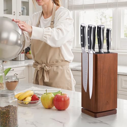 ENOKING 360° Rotating Kitchen Knife Holder, Kitchen Knife Holder with Bristles, Acacia Wood Knife Holder, Magnetic Knife Organizer for Knives and Utensils