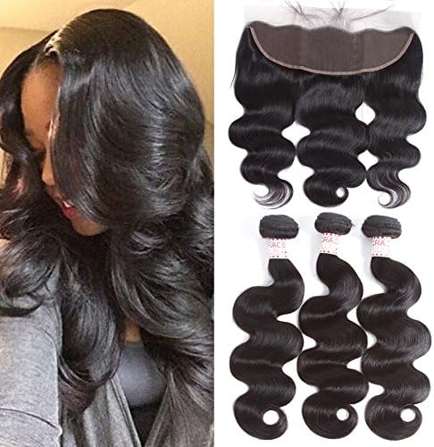 GRACE PLUS Malaysian Virgin Body Wave 3 Bundles with Frontal Ear to Ear Lace Frontal Closure with 7A Human Hair Extensions Lace Frontal with Baby Hair Natural Color (16 16 16+14)