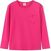 Noomelfish Girls Long Sleeve Heart Pocket T-Shirts Casual Cotton Tee Tops Blouse (5-12 Years)