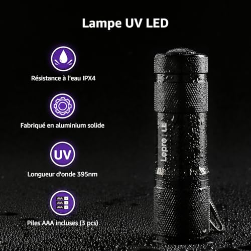 Lighting EVER Lepro UV Lamp, 395nm UV LED Black Light Ultraviolet Light, 6 AAA Batteries Included for Fluorescent Tracers Dog Cat Mat Urine Detector Scorpion Checks Money, Pack of 2