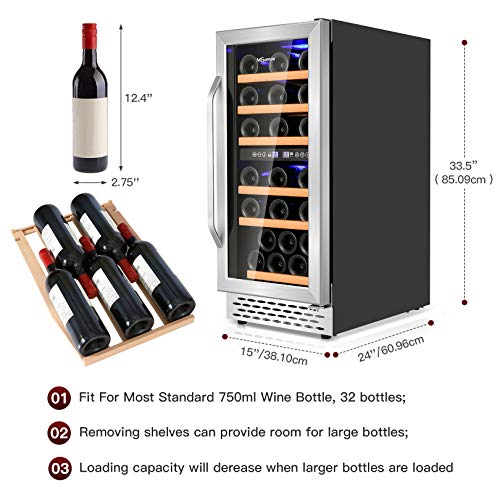 Wine Cooler Nictemaw 15 Inch Dual Zone Beverage Refrigerator, 32 Bottle