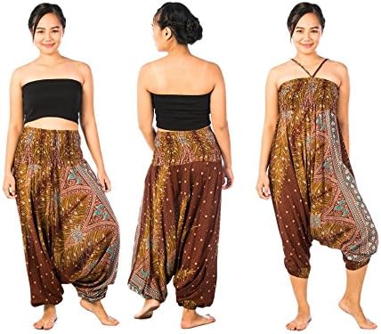 SEEKABHA Thai Harem Trousers Boho Hippy Smock Waist Elephant Yoga Pants (Peacock Brown)