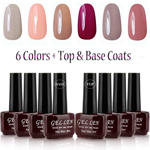 Gellen UV Gel Nail Polish Kit 6 Pastel Colors + Base Coat and Top Coat