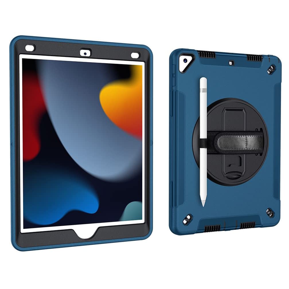 Case for iPad 10.2 Inch 9th/8th/7th gen 2021/2020/2019 with 3-in-1 design, Minimalist shockproof case with pen hanging and 360 degree rotatable stand wrist strap, Blue