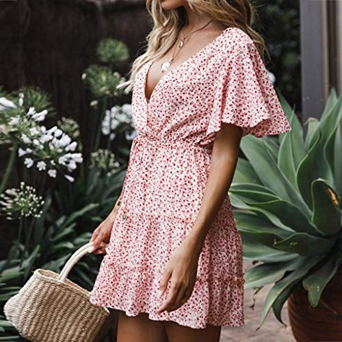 YEZIJIN Blouses for Plus Size Women 2019 Sexy Sexy Printing Ruffles Short Sleeve Dress Princess Dress Pink