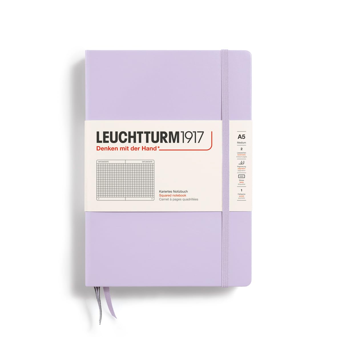 LEUCHTTURM1917 365483 Notebook Medium (A5), Hardcover, 251 Numbered Pages, Lilac, Squared