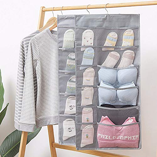 Closet Hanging Organizer with Mesh Pockets & Rotating Metal Hanger,Dual Sided Wall Shelf Wardrobe Storage Bags,Oxford Cloth Space Saver Bag for Bra Underwear Underpants Socks (Gray, 30 Pocket)