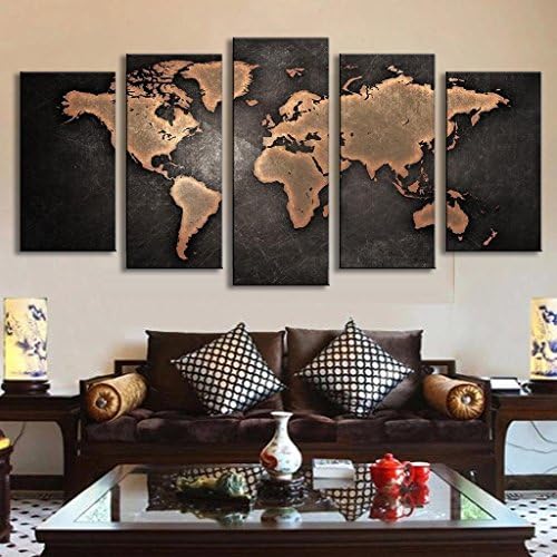 5 Pcs/Set Modern Abstract Wall Art Painting World Map Canvas Painting for Living Room HomeDecor Picture (Wood Framed, World map A)