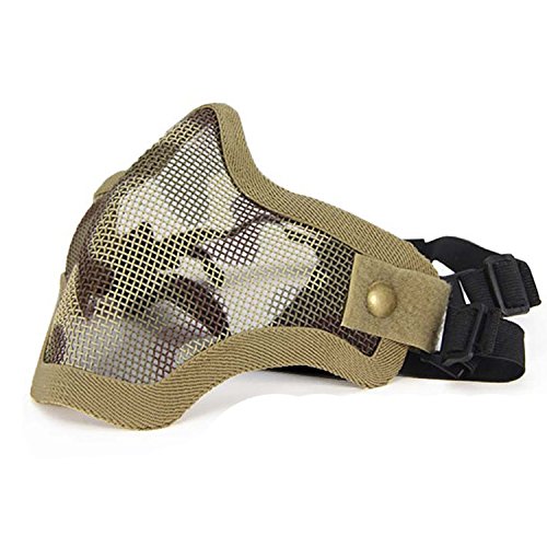 QMFIVE Outdoor Mask, Tactical Foldable Steel Half Face Mask Protective Mesh Mask with Adjustable and Elastic Belt Strap for Airsoft Paintball CS Cosplay(Desert)