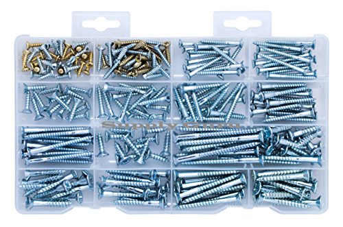240 Piece Wood Screws Assortment Kit, Flat Head, Phillips, Deep Thread Screws, Brass and Zinc Plated, High Value 18 Common Screw Sizes 240-Pack.