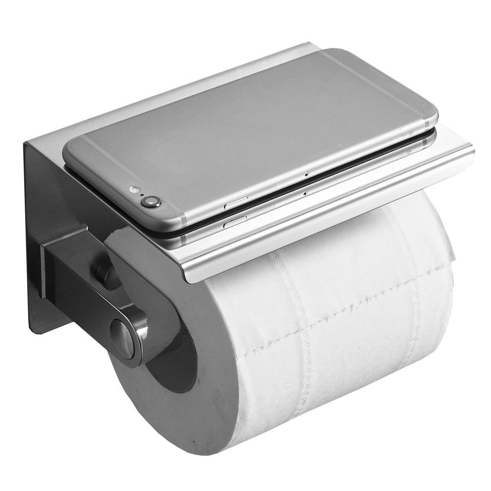 Single Roll Toilet Paper Holder with Phone Shelf, Wall Mounted Stainless Steel Tissue Dispenser for Bathroom (Silver)
