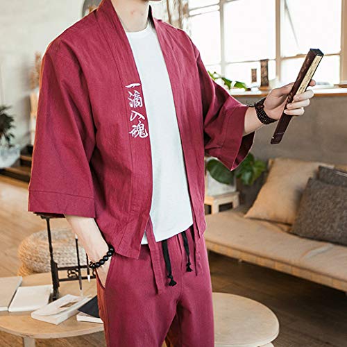 Tomppy Men's Japanese Kimono Cardigan Jacket Yukata Casual Cotton Linen 3/4 Sleeve Open Front Cloak Coat Wine - Thumbnail 2