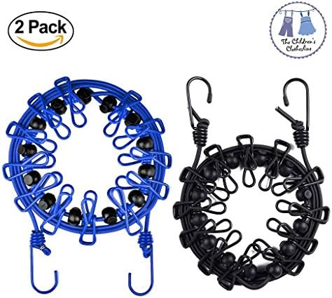 Portable Clothesline, Windproof Stretchy Retractable Laundry Clothes Adjustable Clothesline with 12 Clips for Outdoor Indoor Travel Camping 2 Pack (Black+Blue)