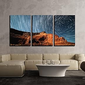 3 Piece Canvas Wall Art - Starry Night Sky Above The Mountain in The Wild West - Modern Home Art Stretched and Framed Ready to Hang - 16"x24"x3 Panels