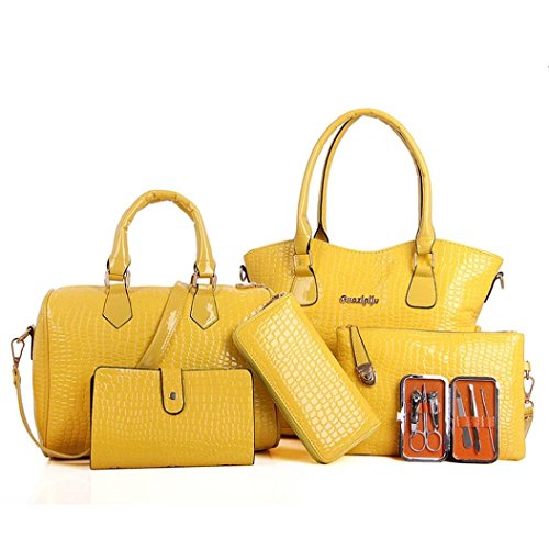 AutumnFall Womens 6 Pcs Shoulder Bags Top-Handle Handbag Tote Purse Set (Yellow)