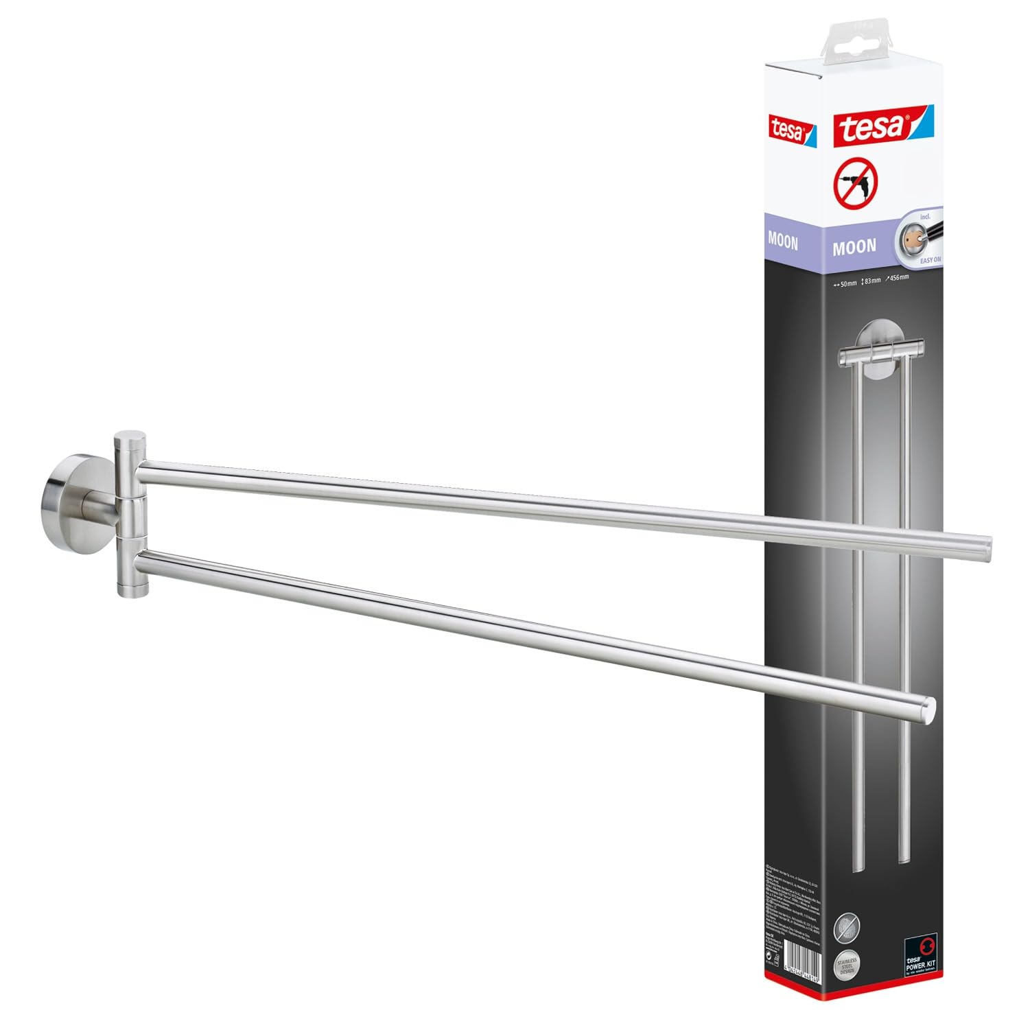 tesa MOON Swing Arm Towel Bar - No Drill Two-Armed Towel Rail Chromed Metal and Stainless for the Bathroom with Swivelling Arms - Includes Removable Glue Solution