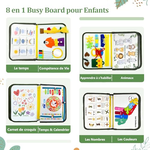 Almaxi French Busy Board Montessori Toy 3 Years, 8 in 1 Games Montessori Educational Activity and Development Toys, Games Plane Car Child Travel, Gift for Children Boy Girl 3 4 5 Years Old