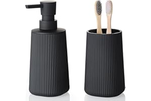 YAUKPH Bathroom Accessories 2 Piece Soap Dispenser and Toothbrush Holder Set Striped Black