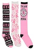 Women's Pink Ribbon Breast Cancer Awareness Knee High Socks (3 Pair) (Team Pink Power)