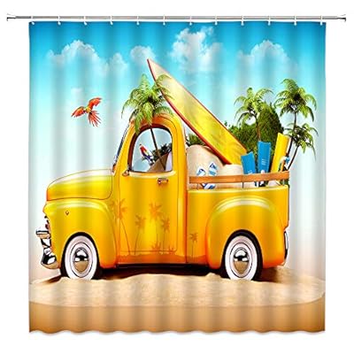 BOYIAN Surfboard Shower Curtain Decor Tropical Surfing Truck Beach Summer Ocean Seaside Traveling Vehicle Palm Tree… 5107j4TJYGL