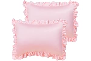 PiccoCasa Satin Pillow Cases for Hair and Skin, 2-Pack-Ruffled Pillow Shams Oxford Pillowcases Covers with Envelope Closure Pink Standard (20x26inch + 3inch Hem)