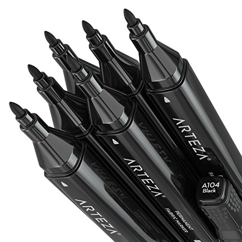 Arteza Black Fabric Markers, Set of 6, DualTip Permanent Laundry Pen