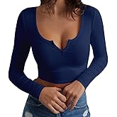Artfish Women's Long Sleeve Scoop Neck V Notch Ribbed Slim Fitted Casual Basic Crop Top