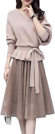 Amazon ロンショップ R O N Shop カシュクール ニット チュール スカート ツーピース 上品 ゆったり セットアップ 秋冬 ワンピース チュニック 通販