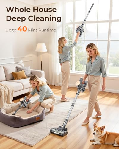 N8 Cordless Vacuum Cleaner, 40KPA Powerful Suction Vacuum Cleaners for Home,40 Mins Runtime, Rechargeable Battery, Self-Standing, Lightweight Stick Vacuum for Hardwood Floor Carpet Pet Hair (Argent)