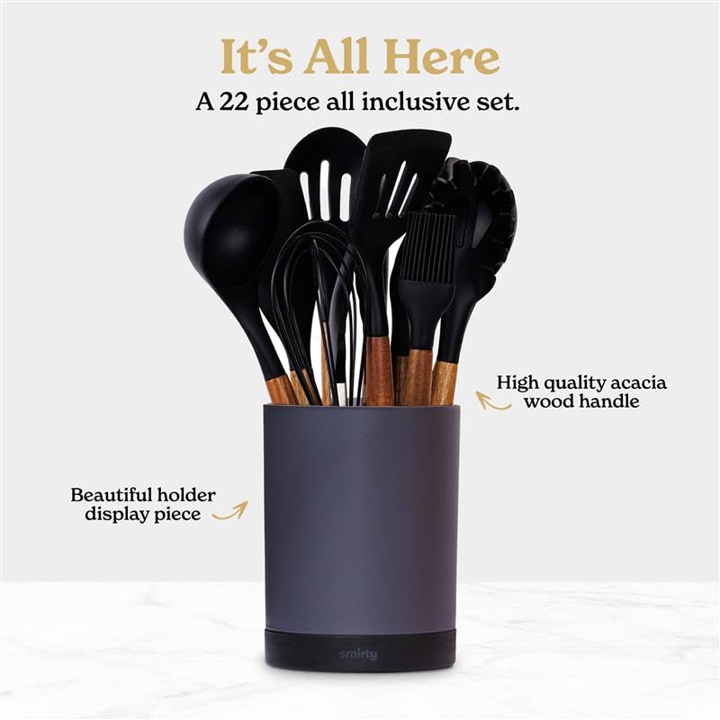 SMIRLY Kitchen Utensils Set – 22-Piece Silicone Cooking Utensils Set, Spatula Set with Holder, Wooden Handle Silicone Kitchen Gadgets for Nonstick Cookware