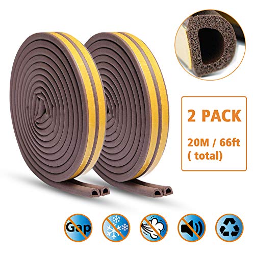 KELIIYO Door Weather Stripping, Window Seal Strip for Doors and Windows- Self-adhisive Foam Weather Strip Door Seal | Soundproof Seal Strip for Cracks and Gaps Epdm D Type (66Ft) 2 Pack (Brown)