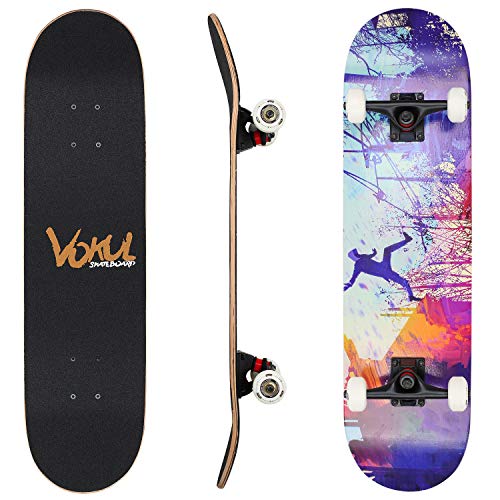 VOKUL Complete Skateboard for Kids Boys Girls Beginners - 31" X 8" inch Standard Skateboard with 7 Layer Maple Double Kick Concave Cruiser Skateboard with Beauty Pattern for Kids Youths Adults