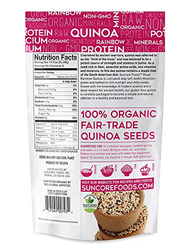 Suncore Foods - The Finest Organic 100% Bolivian Royal Rainbow Quinoa Whole Grain, 15 oz Resealable Pouch