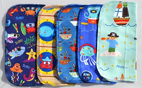 1 Ply Printed Flannel Washable. Pirates and Pals Fun Ocean Adventure - Set of 5 Flannel Napkins 8x8 inches - Little Wipes (R)