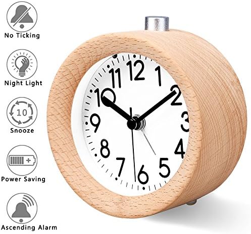 Jcobay Wooden Bedside Alarm Clock, Non Ticking Small Silent Round Desk Clock Battery Operated Snooze Morning Clock with Nightlight for Home and Office