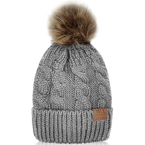 Kid Beanie Hats Lining Pom Pom for Children -Slouchy Cable Knit Toddler Skull Hat Baby Ski Cap for Girls Boys (Grey)