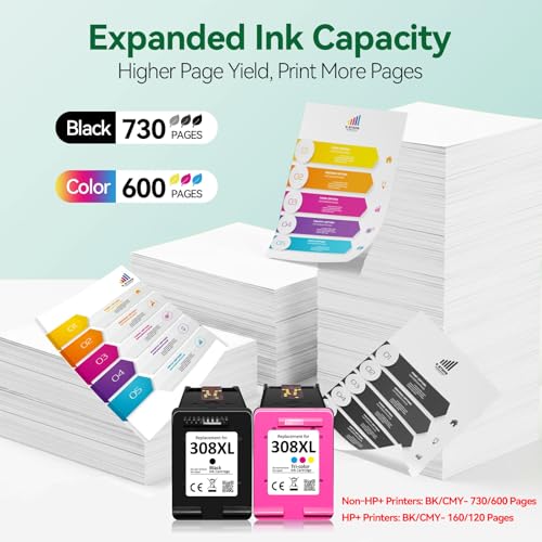 INKWELLZ Encre 308XL BK/CMY - 730/600+ Pages, Remplacement pour Cartouche HP 308 Originale Noir & Couleur, pour HP Envy 6120e 6132e 6520e 6530e 6532e 6558e 6110e 6130e DeskJet 2910 2920 2921 2922