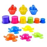 Large 14 pcs Pack of Bath Toys Play Set with Stacking Cups, Boats and Turtles
