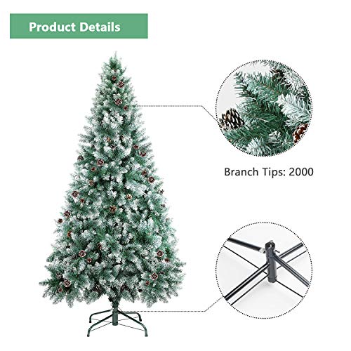 SHareconn 7.5ft Unlit Artificial Hinged Christmas Tree Snow Tree with Pine Cones , 2000 Branch Tips and Metal Stand