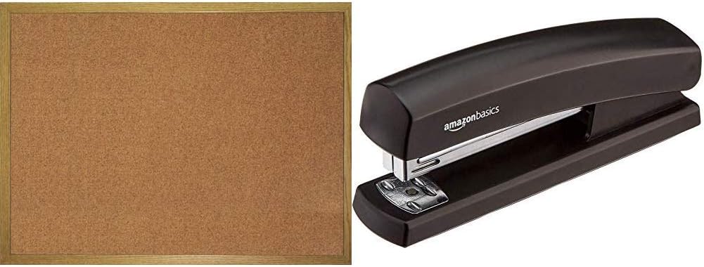 Cathedral Office Noticeboard Cork with Pine Frame W800xH600mm & AmazonBasics Stapler with 1000 Staples, Black