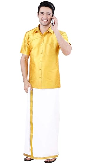 Men's Pure Cotton Double Dhoti With Pocket(106_White With Zari Border_4m)