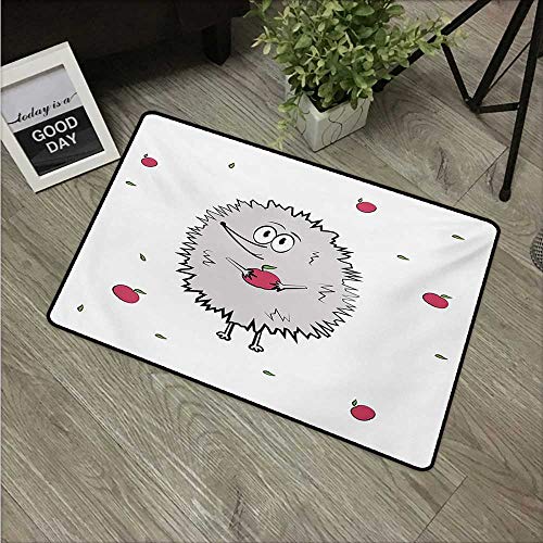 Hedgehog,Door mat Happy Animal Apples and Leaves Doodle Style Cartoon Drawing Fun Illustration W 24" x L 35" Low-Profile Mats for Entry Grey Pink Green