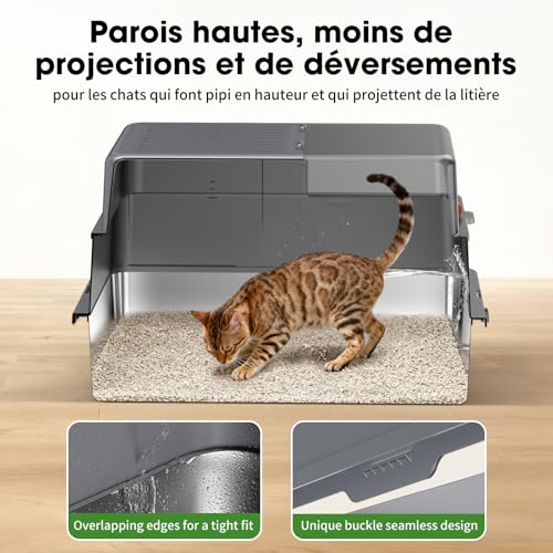Stainless Steel Litter Tray XXXL – Large Open Cat Litter Tray, Dark Grey | Leak-proof high edges, semi-transparent panels, removable deep bowl, non-stick surface, easy to clean