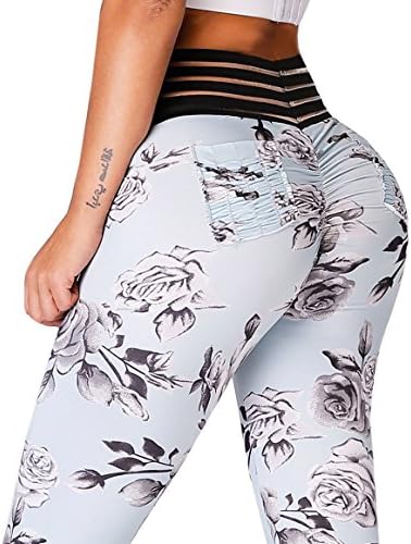 Womens Ruched Butt Lifting Leggings Floral High Waisted Workout Sport Tummy Control Gym Yoga Pants