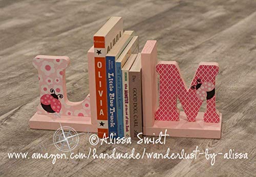 Ladybug Letter Bookends, Initial Bookends, Wooden Custom Bookends - Custom Created to Coordinate with Your Decor (alphabet bookends, name bookends)